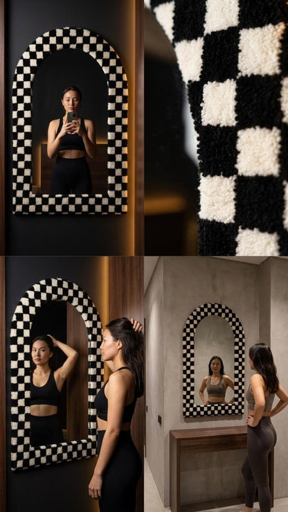 Tufted Arch Mirror, Black White Checkerboard Wall Decor, Soft Textured Frame