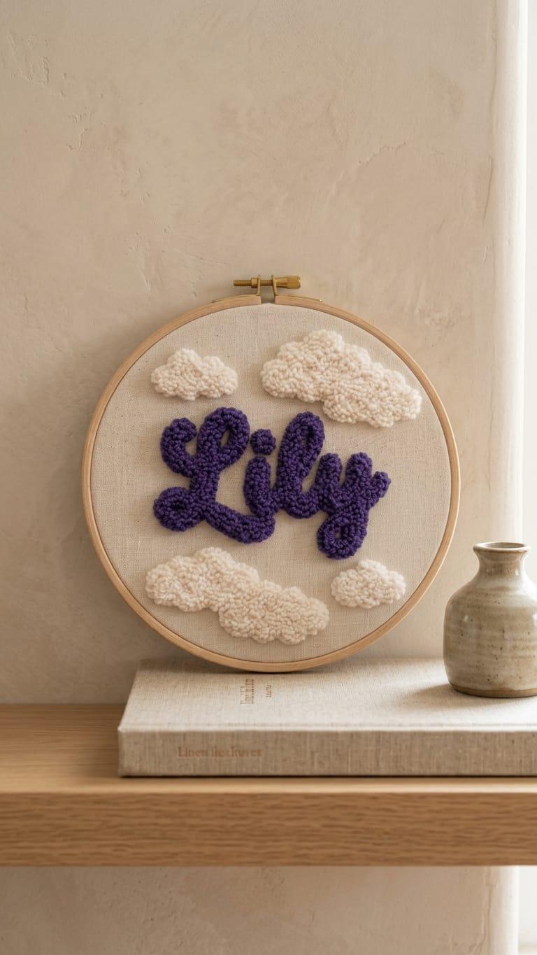 Personalized Punch Needle Hoop Art, Custom Name Sign, Nursery Cloud Decor