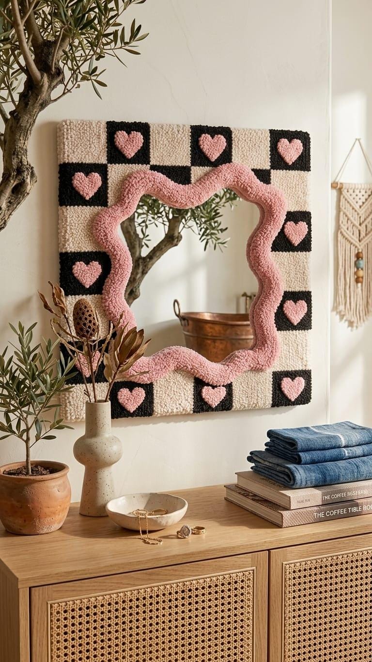 Hand-Tufted Checkerboard Mirror with Pink Hearts, Punch Needle Wall Art