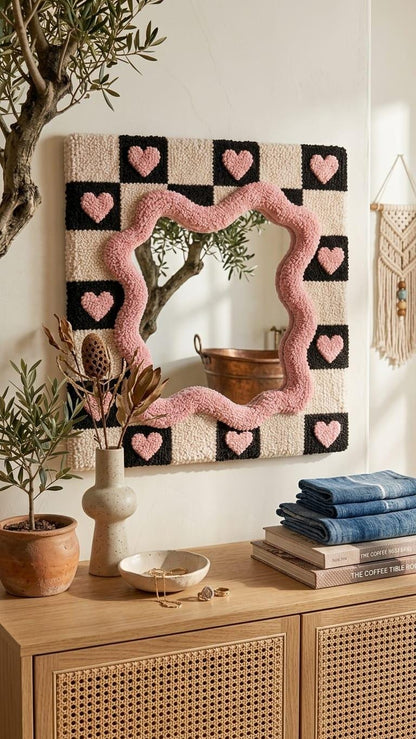 Hand-Tufted Checkerboard Mirror with Pink Hearts, Punch Needle Wall Art