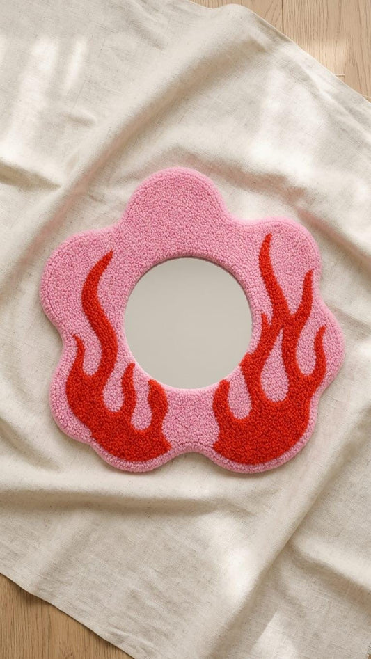 Flame Mirror, Pink Tufted Mirror, Red Flame Wall Decor, Funky Wall Mirror, Y2K Room Decor, Aesthetic Mirror, Handmade Bedroom Decor