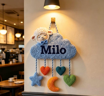 Personalized Cloud Name Sign, Tufted Sheep Nursery Art, Punch Needle Decor