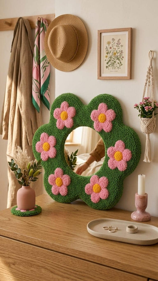 Flower Mirror, Tufted Wall Mirror, Green Floral Mirror, Pink Flower Decor, Funky Wall Decor, Dopamine Decor, Handmade Bedroom Mirror