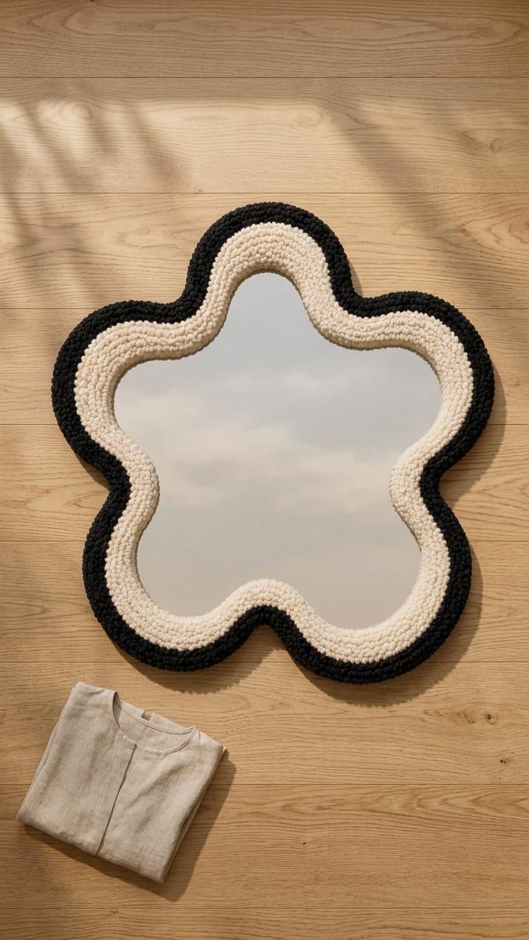 Tufted Flower Mirror | Black and Cream Punch Needle Wall Art | Wavy Star Shaped Mirror | Modern Japandi Room Decor | High Contrast Accent