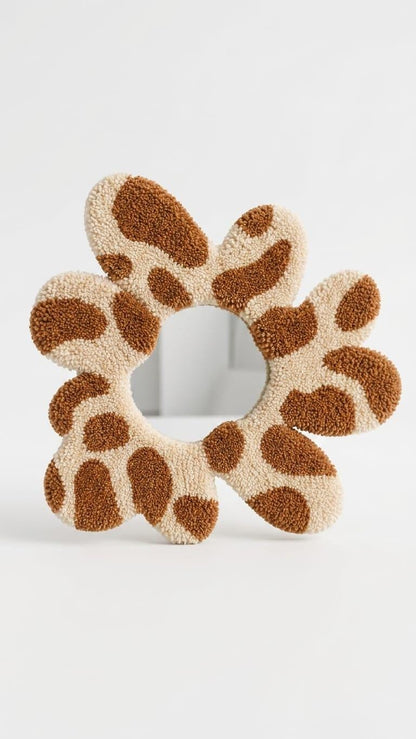 Tufted Flower Mirror | Giraffe Print Punch Needle Wall Art | Boho Decor