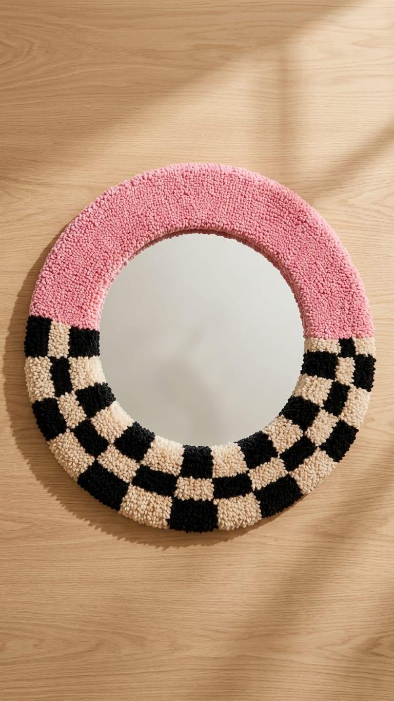 Handmade Tufted Round Mirror | Pink Checkerboard Punch Needle Wall Art