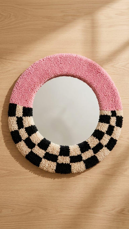 Handmade Tufted Round Mirror | Pink Checkerboard Punch Needle Wall Art