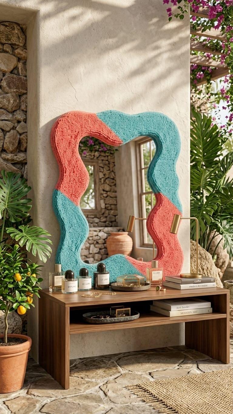 Tufted Wavy Mirror, Pastel Pink and Blue Punch Needle Decor, Asymmetrical Wall Mirror