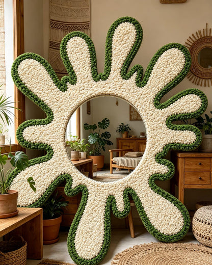 Tufted Splatter Mirror, Olive Green Cream Punch Needle Decor, Boho Room Art