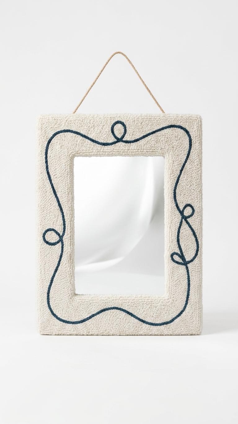 Punch Needle Mirror, Tufted Yarn Frame, Line Art Decor, Cozy Vanity Accent Mirror