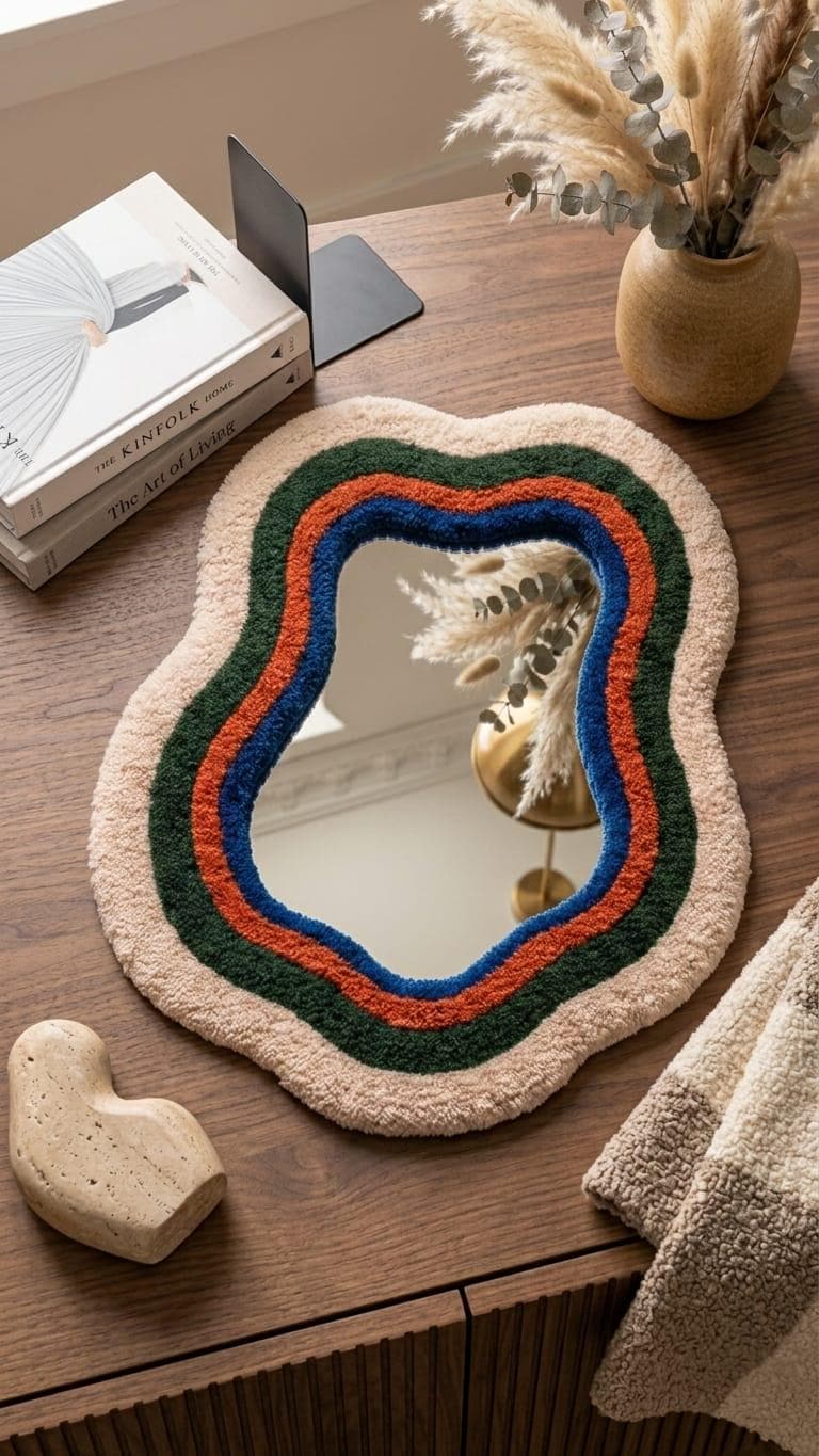 Tufted Wavy Mirror | Retro 70s Punch Needle Wall Art, Mid Century Modern Home Decor