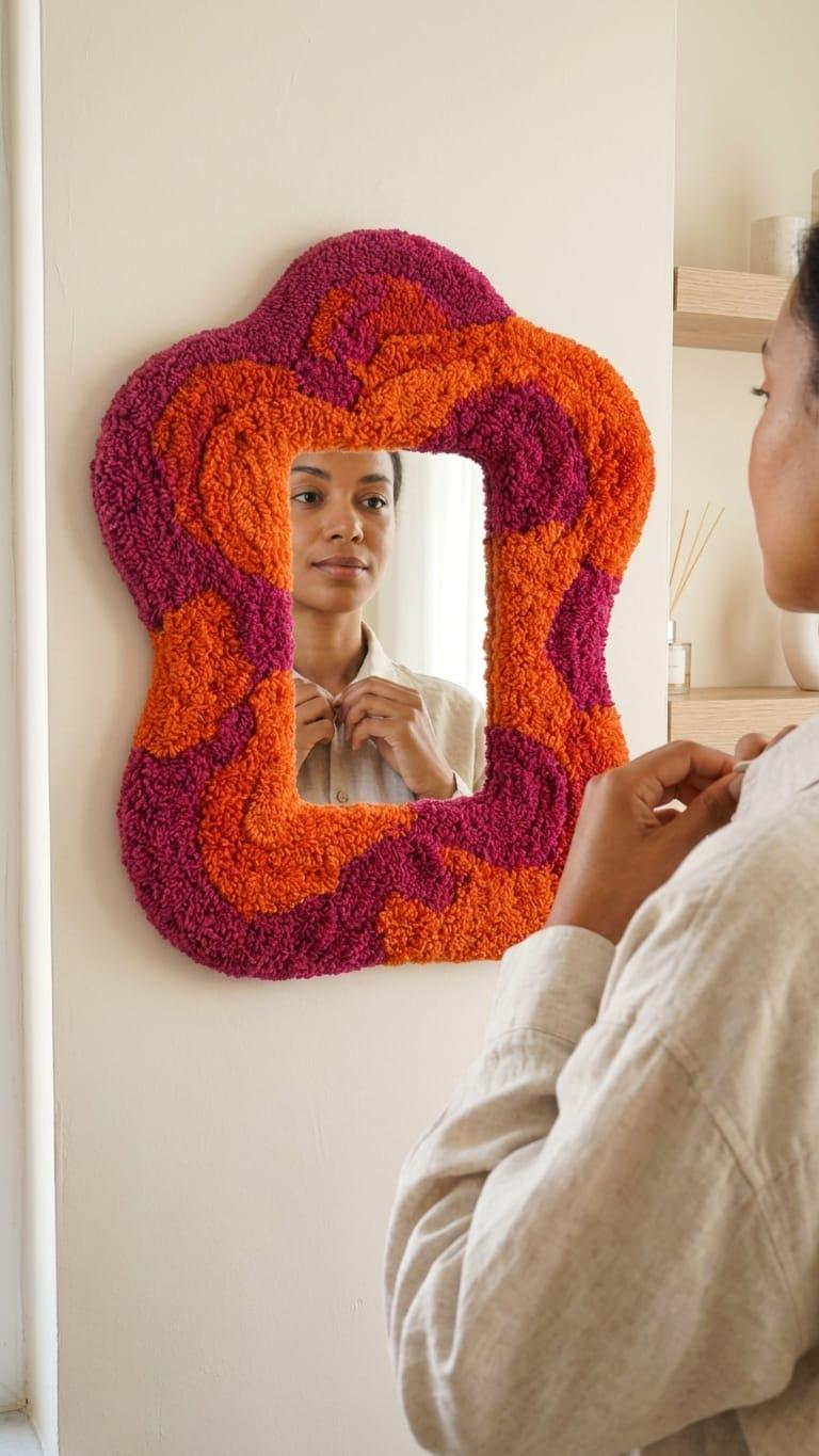Tufted Wavy Mirror | Punch Needle Wall Art, Orange Pink Abstract Decor
