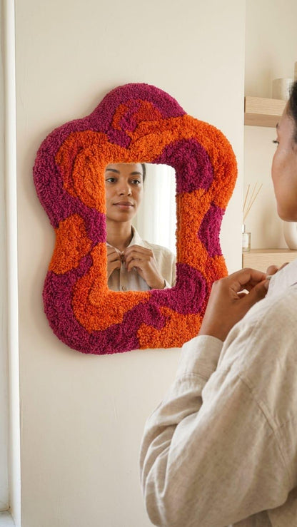 Tufted Wavy Mirror | Punch Needle Wall Art, Orange Pink Abstract Decor