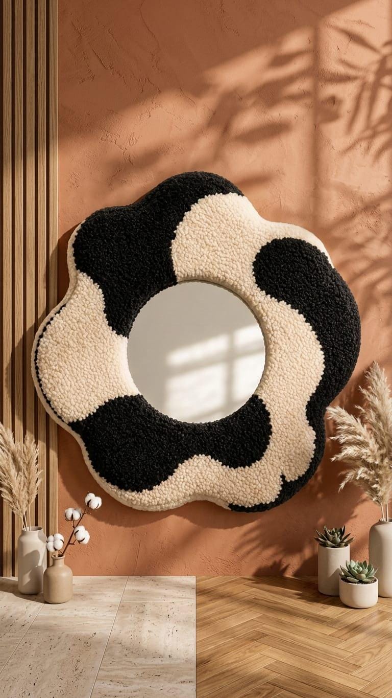 Abstract Mirror, Tufted Wall Mirror, Black and White Mirror, Wavy Mirror, Funky Wall Decor, Handmade Mirror, Aesthetic Room Decor