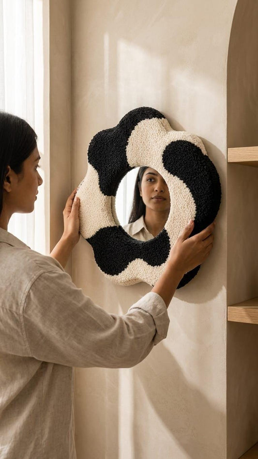 Abstract Mirror, Tufted Wall Mirror, Black and White Mirror, Wavy Mirror, Funky Wall Decor, Handmade Mirror, Aesthetic Room Decor