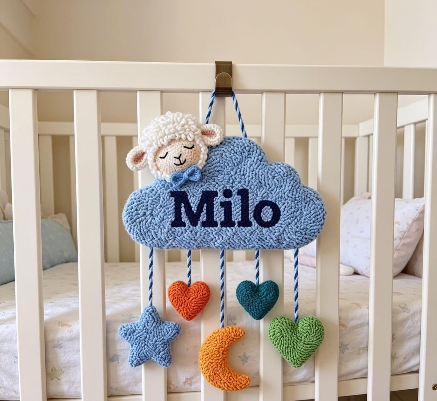 Personalized Cloud Name Sign, Tufted Sheep Nursery Art, Punch Needle Decor