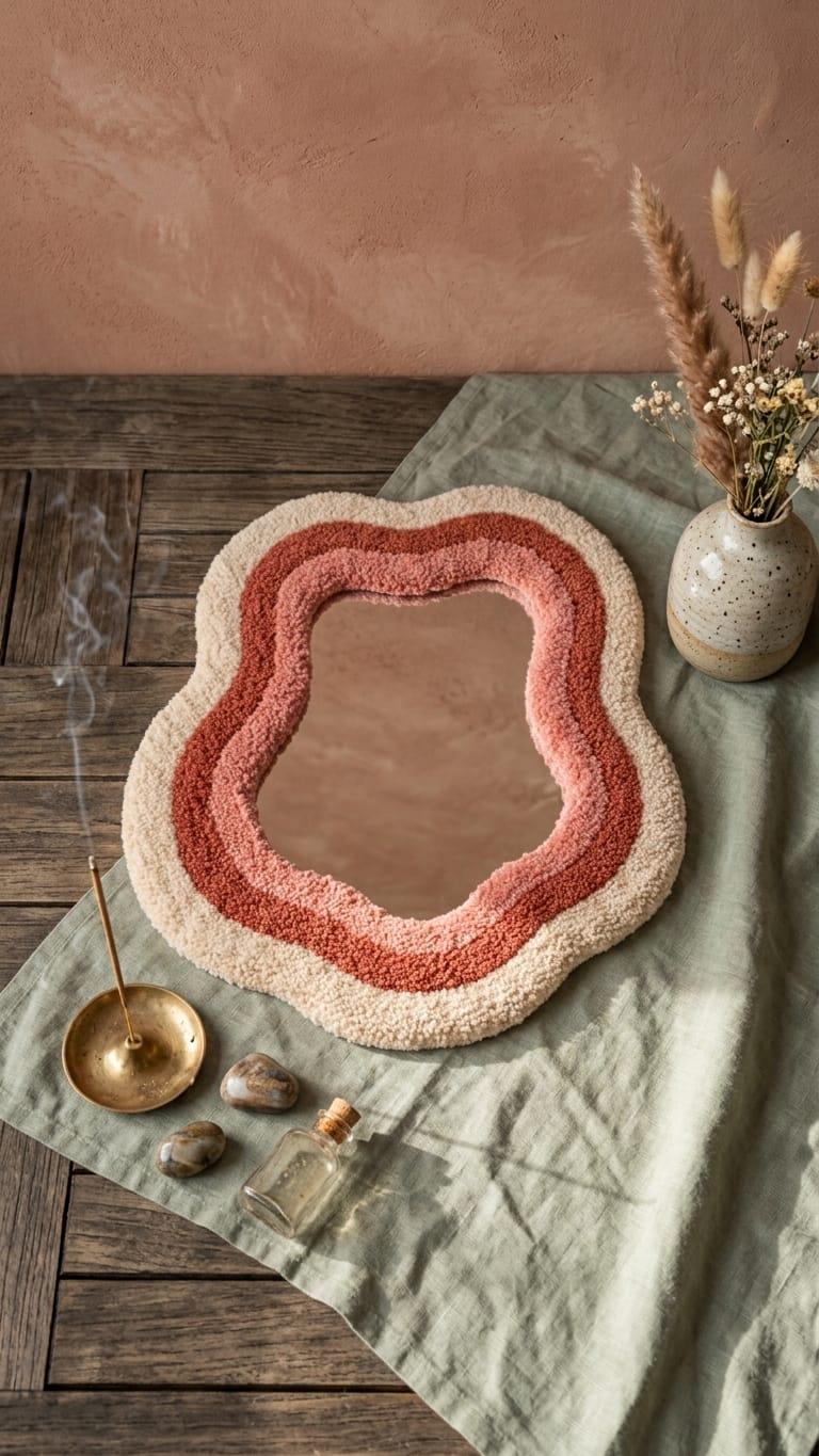 Tufted Wavy Mirror | Organic Punch Needle Wall Art, Boho Terracotta Pink Room Decor