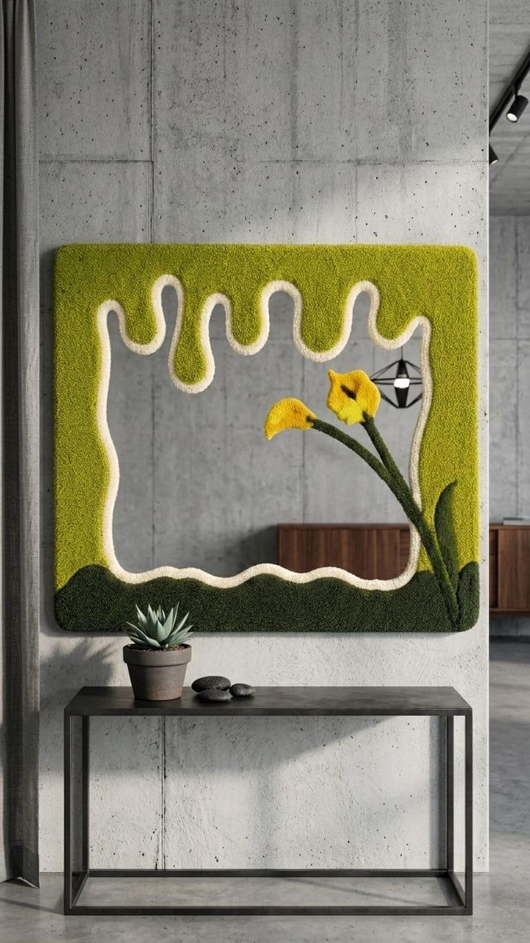 Tufted Wavy Mirror | Calla Lily Punch Needle Wall Art, Botanical Drip Decor