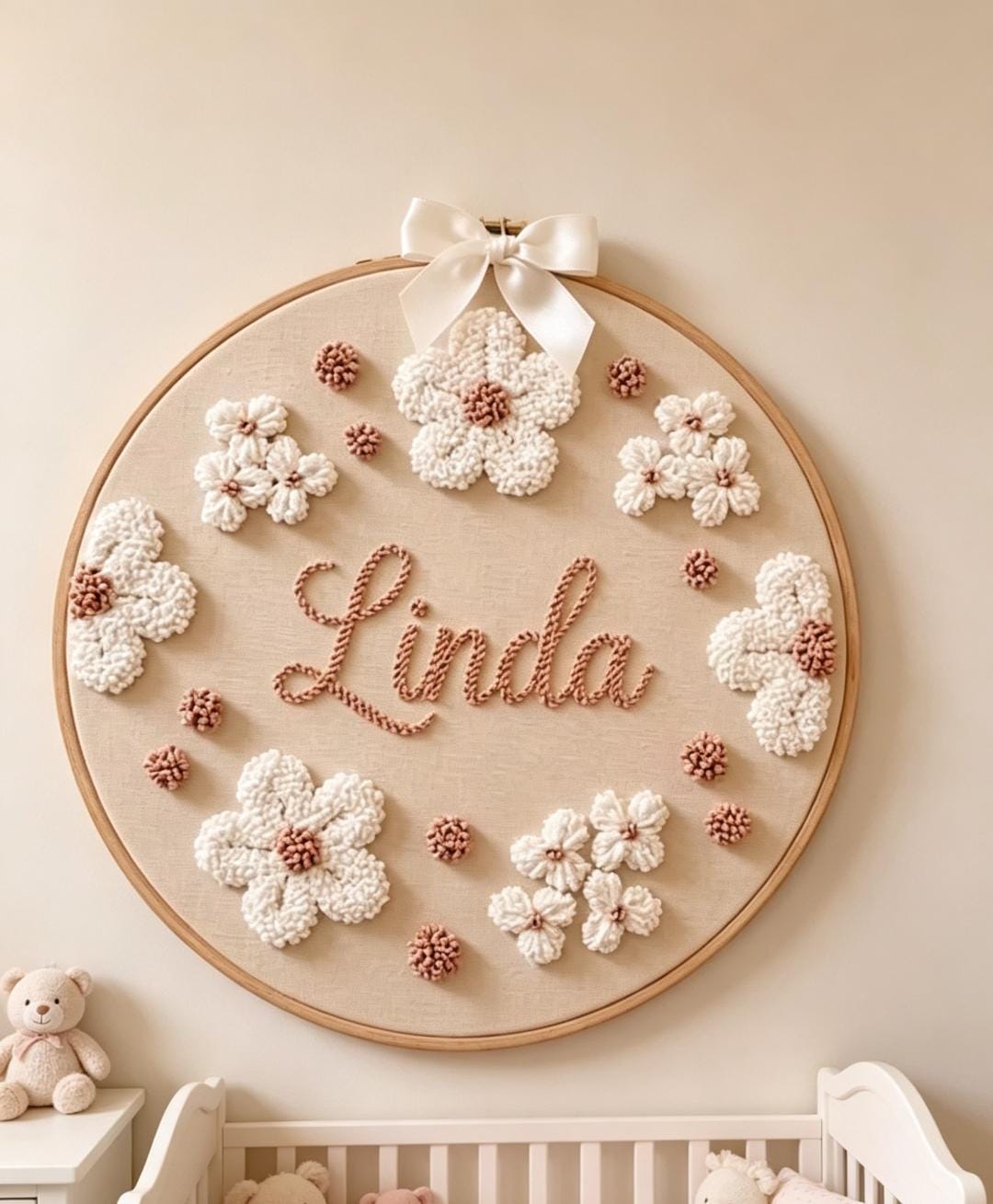 Personalized Floral Hoop Art, Custom Name Sign, Tufted Decor, Baby Girl, Boho Shower Gift