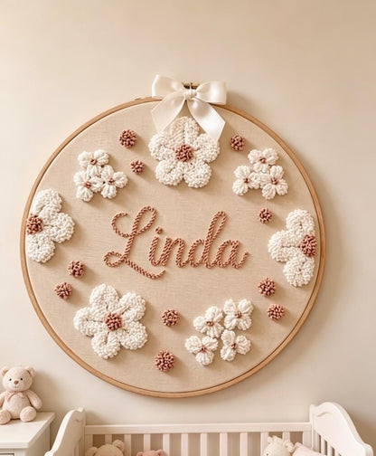 Personalized Floral Hoop Art, Custom Name Sign, Tufted Decor, Baby Girl, Boho Shower Gift
