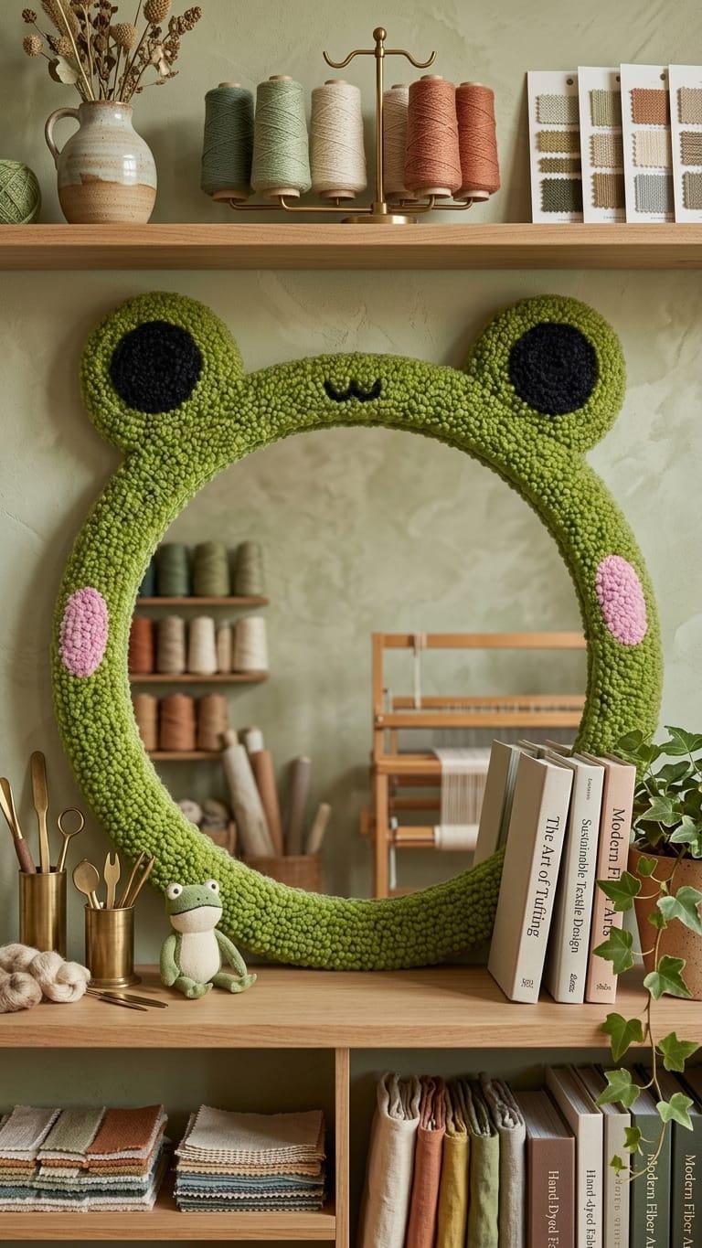 Tufted Frog Mirror | Cute Kawaii Punch Needle Wall Art | Green Frogcore Room Decor | Animal Shaped Mirror | Whimsical Nursery Gift
