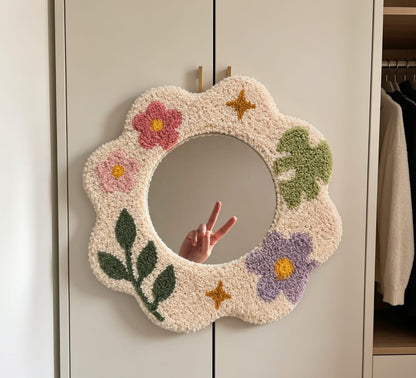 Tufted Floral Mirror, Punch Needle Wavy Room Decor, Pastel Flower Vanity Mirror