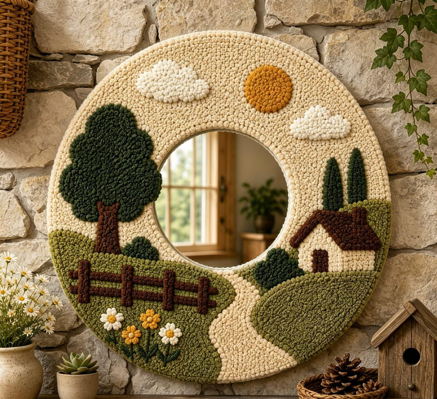 Tufted Landscape Mirror, Round Scenery Wall Art, Punch Needle Cozy Farmhouse Decor