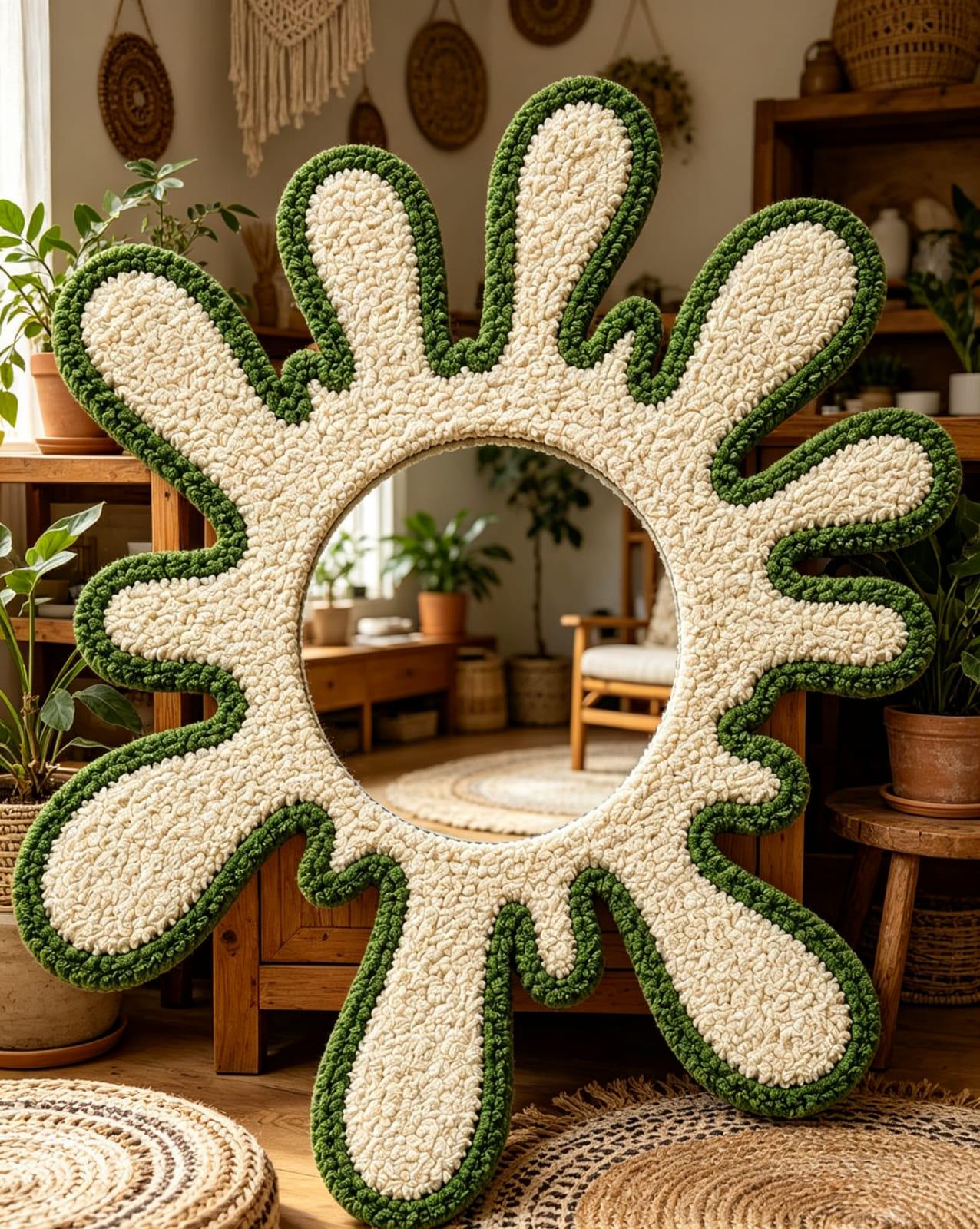 Tufted Splatter Mirror, Olive Green Cream Punch Needle Decor, Boho Room Art