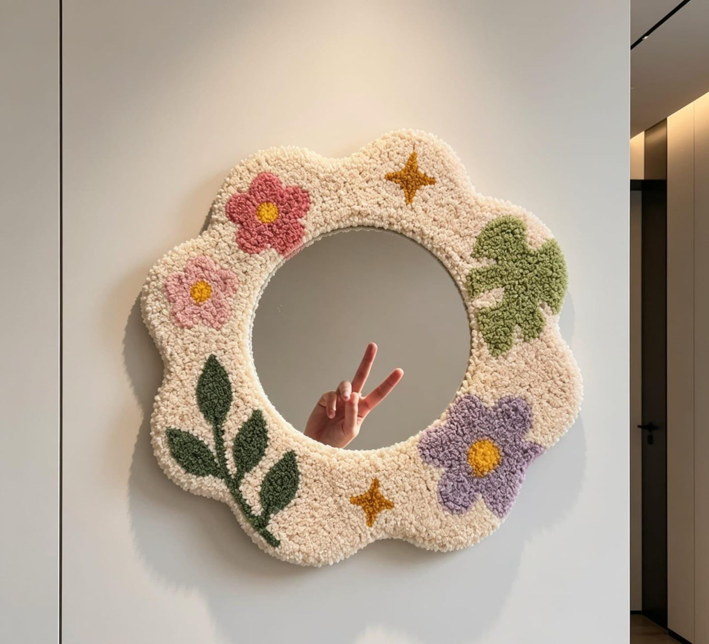 Tufted Floral Mirror, Punch Needle Wavy Room Decor, Pastel Flower Vanity Mirror