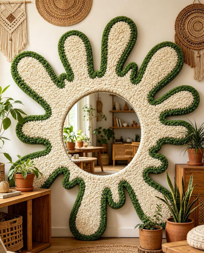 Tufted Splatter Mirror, Olive Green Cream Punch Needle Decor, Boho Room Art