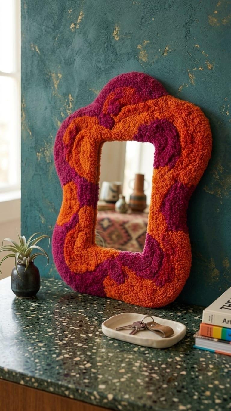 Tufted Wavy Mirror | Punch Needle Wall Art, Orange Pink Abstract Decor