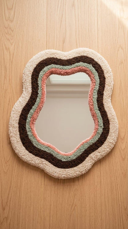 Tufted Wavy Mirror | Sage Green Pink Punch Needle Wall Art, Boho Decor