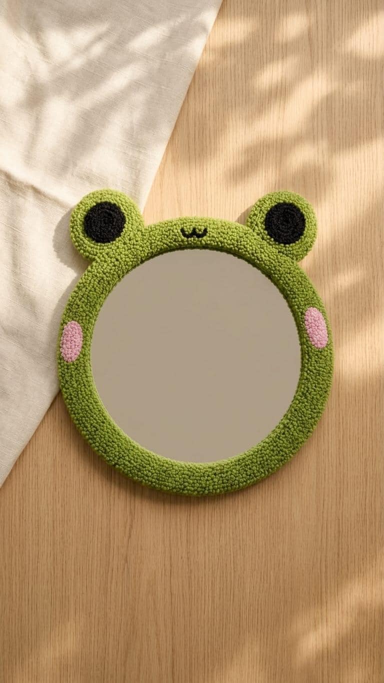 Tufted Frog Mirror | Cute Kawaii Punch Needle Wall Art | Green Frogcore Room Decor | Animal Shaped Mirror | Whimsical Nursery Gift