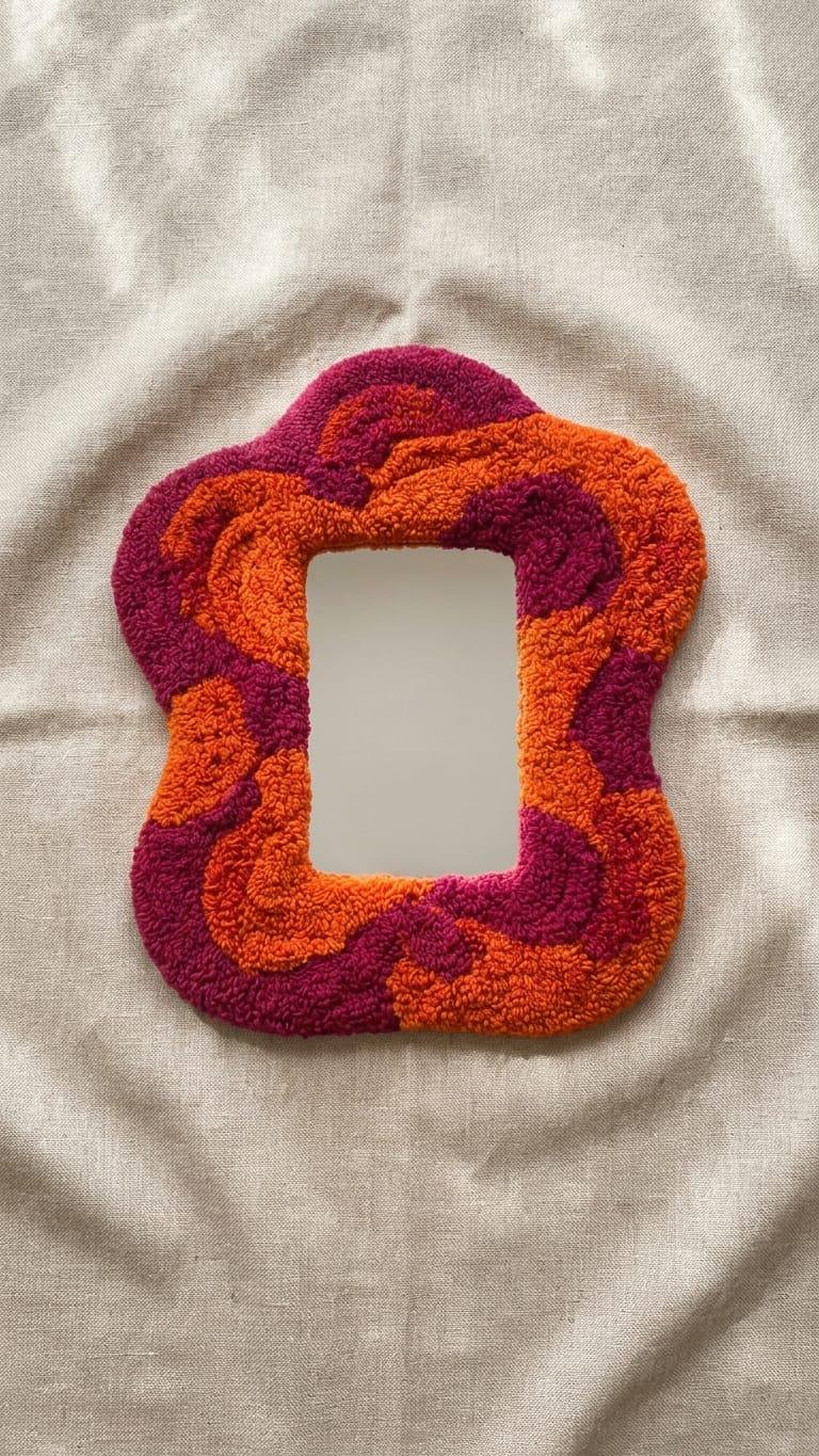 Tufted Wavy Mirror | Punch Needle Wall Art, Orange Pink Abstract Decor