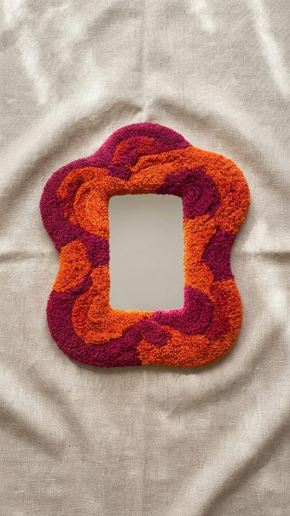 Tufted Wavy Mirror | Punch Needle Wall Art, Orange Pink Abstract Decor