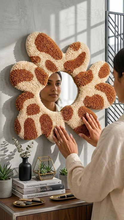 Tufted Flower Mirror | Giraffe Print Punch Needle Wall Art | Boho Decor