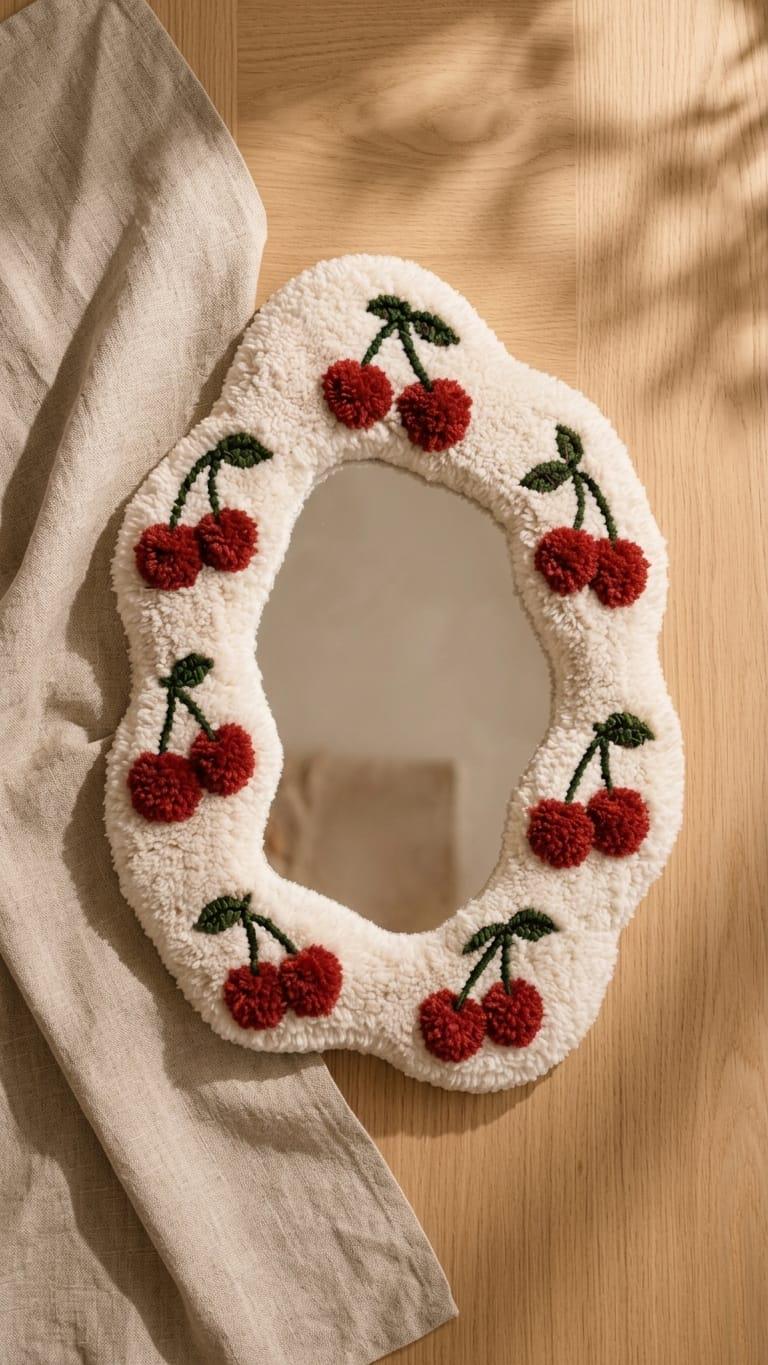 Tufted Cherry Mirror | Wavy Punch Needle Wall Art, Coquette Room Decor