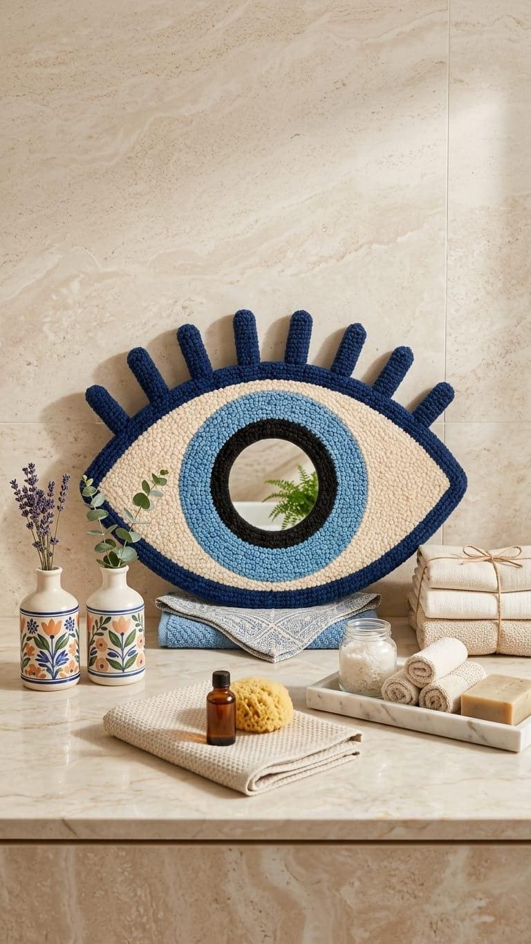 Evil Eye Mirror, Tufted Wall Mirror, Blue Eye Wall Decor, Greek Eye Decor, Boho Wall Mirror, Handmade Mirror, Mediterranean Home Decor