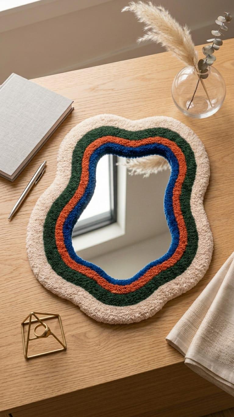 Tufted Wavy Mirror | Retro 70s Punch Needle Wall Art, Mid Century Modern Home Decor
