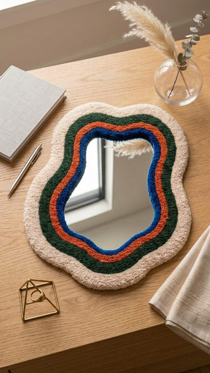 Tufted Wavy Mirror | Retro 70s Punch Needle Wall Art, Mid Century Modern Home Decor