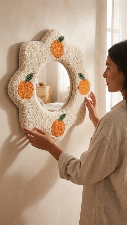 Tufted Orange Fruit Mirror | Flower Punch Needle Wall Art | Boho Wavy Cream Mirror