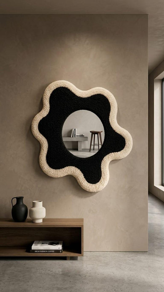 Wavy Wall Mirror, Tufted Mirror, Black and Cream Mirror, Blob Mirror, Funky Wall Decor, Handmade Mirror, Aesthetic Bedroom Decor