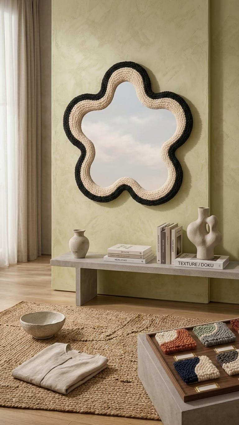 Tufted Flower Mirror | Black and Cream Punch Needle Wall Art | Wavy Star Shaped Mirror | Modern Japandi Room Decor | High Contrast Accent