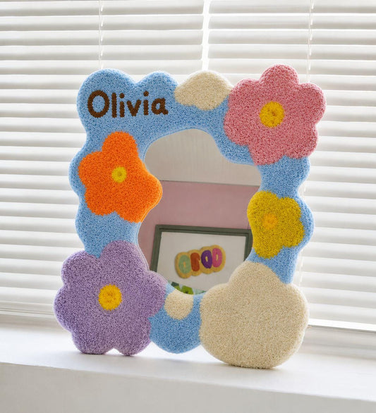 Custom Tufted Flower Mirror, Handmade Wavy Punch Needle Decor