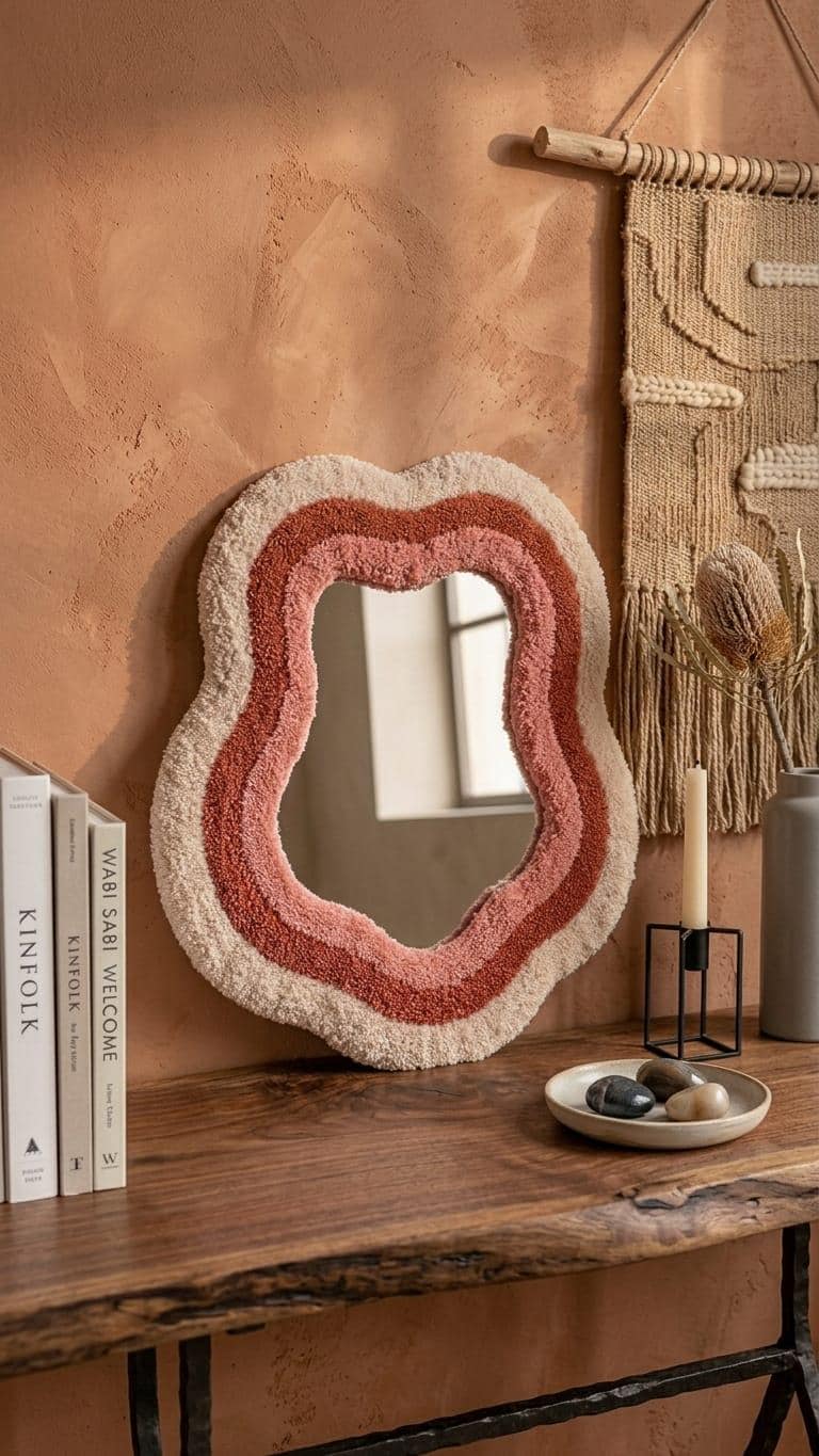 Tufted Wavy Mirror | Organic Punch Needle Wall Art, Boho Terracotta Pink Room Decor
