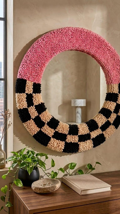 Handmade Tufted Round Mirror | Pink Checkerboard Punch Needle Wall Art