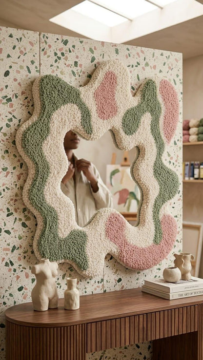 Tufted Wavy Mirror, Punch Needle Wall Art, Sage Green Pink Cream Danish Pastel Decor