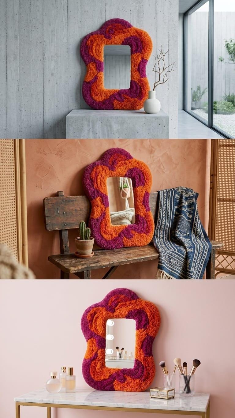 Tufted Wavy Mirror | Punch Needle Wall Art, Orange Pink Abstract Decor