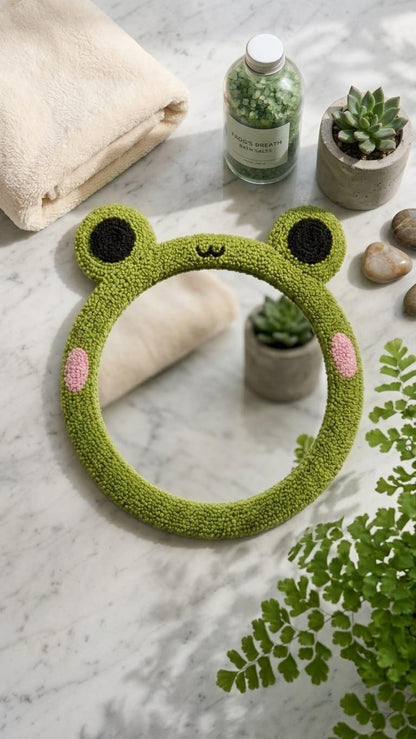Tufted Frog Mirror | Cute Kawaii Punch Needle Wall Art | Green Frogcore Room Decor | Animal Shaped Mirror | Whimsical Nursery Gift