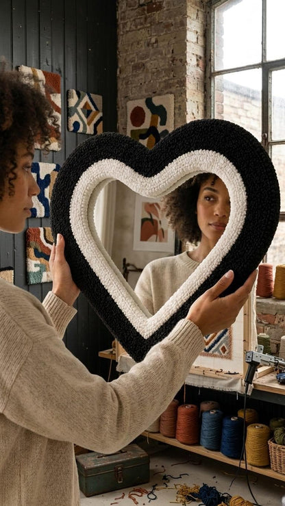 Black Heart Tufted Mirror, Handmade Heart Wall Mirror, Funky Punch Needle Mirror, Cute Bedroom Decor, Dopamine Wall Decor, Unique Gift
